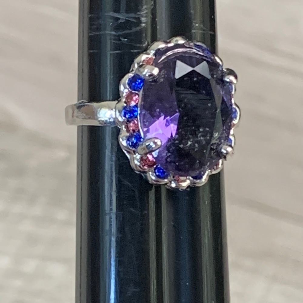 Purple Oval Cocktail Ring Silver Tone Halo Blue Pink Accents Size 5.75 Statement